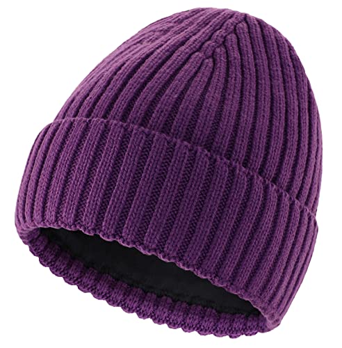 Connectyle Fleece Lined Cuffed Beanie Hat for Men Women Knitted Winter Wool Beanies Skull Cap Warm Watch Hat - color: Purple