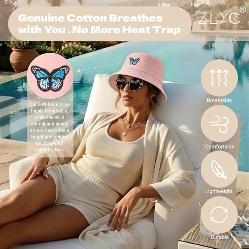 ZLYC Cotton Bucket Hat for Women Men Embroidered Packable Summer Sun Cap - color: Butterfly Pink