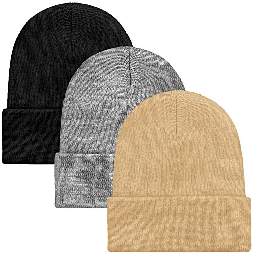 Cooraby 3 Pack Unisex Winter Skull Cap Beanies Knitted Cuff Hats Caps Roll-up Edge Beanie Hats for Men Women Outdoors - color: Black, Light Grey, Light Beige