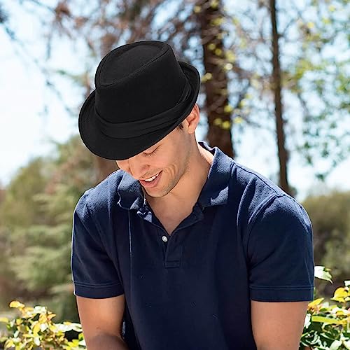 Unisex Classic Fedora Hat Men Women Manhattan 1920s Short-Brim Jazz Hats - color: Black/Tri-fold Strap