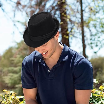 Unisex Classic Fedora Hat Men Women Manhattan 1920s Short-Brim Jazz Hats - color: Black/Tri-fold Strap