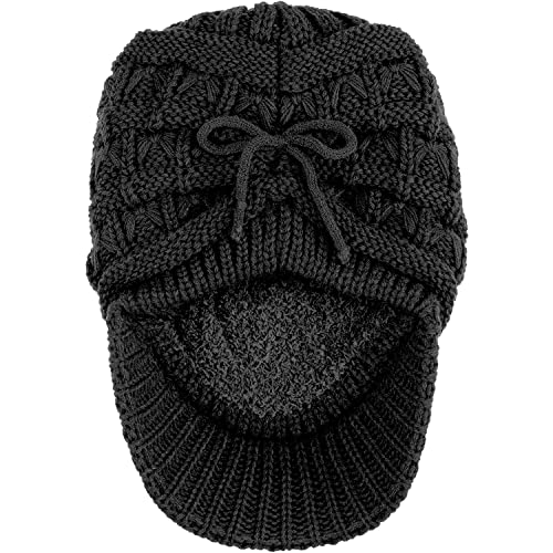 BYOS Womens Winter Chic Cable Warm Fleece Lined Crochet Knit Hat W/Visor Newsboy Cabbie Cap - color: Basket Woven-black