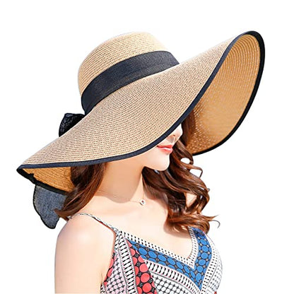 FSIGOM Women's Folable Floppy Hat,Wide Brim Sun Protection Straw Hat, Summer UV Protection Beach Cap - color: Beige/Black, size: Large