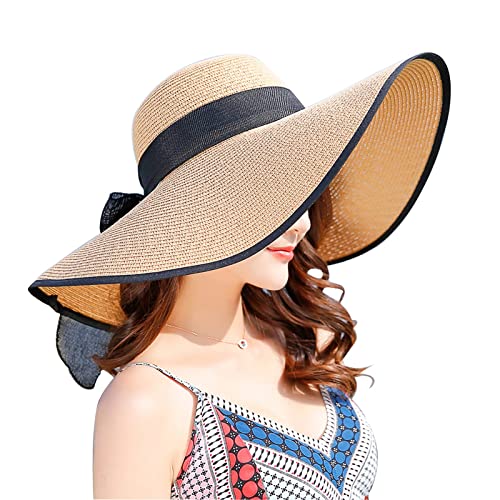 FSIGOM Women's Folable Floppy Hat,Wide Brim Sun Protection Straw Hat, Summer UV Protection Beach Cap - color: Beige/Black, size: Large