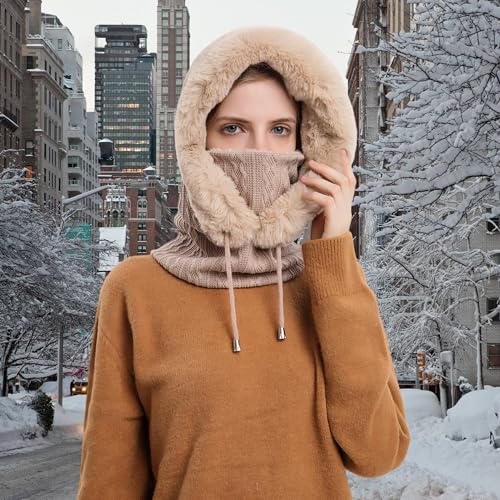 HUAMULAN Women Cable Knit Balaclavas Winter Fleece Lined Beanie Hat - color: Khaki