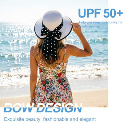 DRESHOW Sun Hats for Women Travel Fedora Foldable Beach Sun Hat Summer Wide Brim Straw Bucket Hat with Bowknot UPF 50+ - color: 1 Pack Bowknot Straw Hat: White (Black Polka Dot Band)