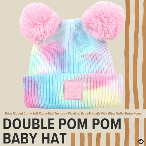 Funky Junque Double Pom Pom Baby Beanie – Newborn Girl Winter Hat 0–12 Months, Cute Cozy Knit Infant Beanies for Cold Weather - color: Tie Dye - Cotton Candy - Double Pom