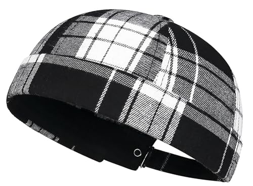 DIYDECAL Striped Plaid Brimless Worker Cap,Retro Skullcap Docker Hat for Men Womens - color: Black