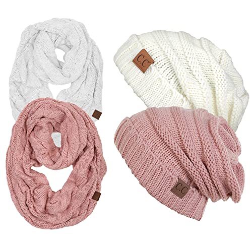 Funky Junque Slouchy Beanie & Infinity Scarf Gift Set – Matching Winter Accessories Sets for Women, Oversized Hat and Scarves - color: 2 Pack: Ivory & Indi Pink