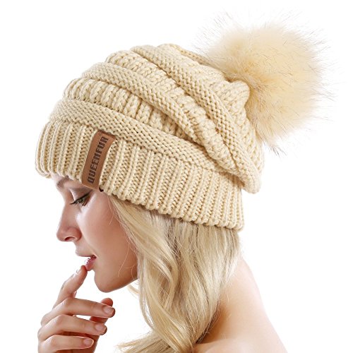 Women Knit Slouchy Beanie Chunky Baggy Hat with Faux Fur Pompom Winter Soft Warm Ski Cap - color: A1-beige