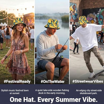 ZLYC Printed Bucket Hat for Women Men Packable Summer Sun Hat for Beach - color: Banana Yellow