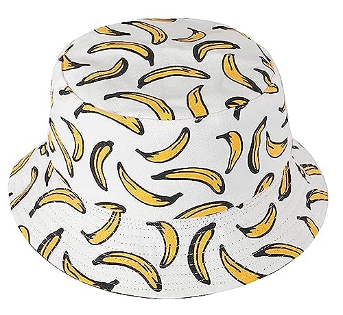 Novelty Fruit Print Bucket Hats Summer Fishing Cap Reversible Packable Sun Hat for Women, Men - color: Banana Print White Hat, size: Medium-Large
