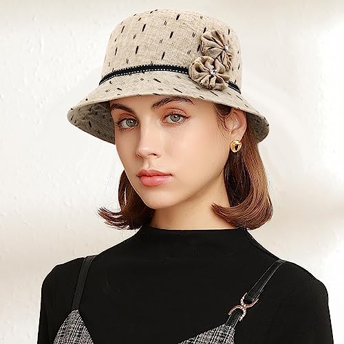 Glamorstar Vintage Felt Cloche Hat Winter Floral Fedora Bucket Hat Bowler Hats - color: Khaki 4