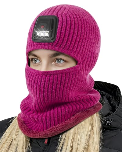 Winter Balaclava Knitted Ski Mask with LED Light - Fleece Lined Full Face Cover Windproof Snow Mask for Skiing, Motorcycling - color: Rose Red