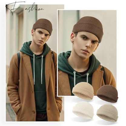 SATINIOR 4 Pieces Trawler Beanie Watch Hat Roll up Edge Skullcap Fisherman Beanie Unisex - color: Khaki, Apricot, Beige, White, size: One Size