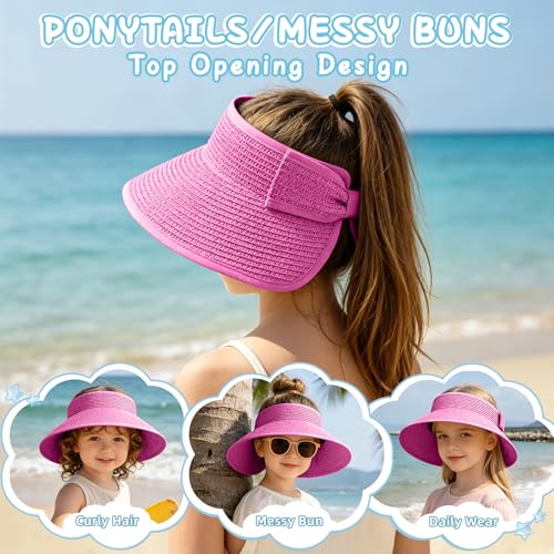 Girls Sun Visor Hat with Ponytail Hole Wide Brim Beach Straw Visor UPF 50+ - color: 1pack-rose