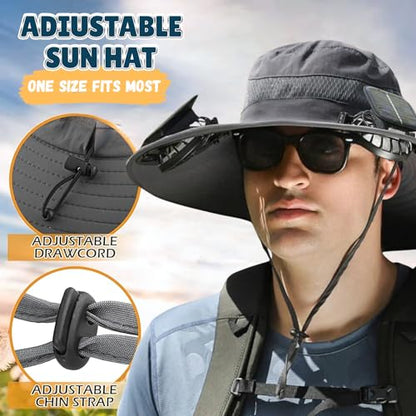 Outdoor Wide Brim Sun Hat with 2 Solar Fan Sun Bucket Hat for Men Women UPF 50+ Bucket Fishing & Beach Hat with Fan Built in - color: A_light Gray