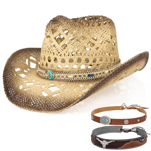Cowboy Hat,Cowgirl Hat,Cowboy Hats for Women/Mens/3 Decorative Bands Straw Hat,Western Cowboy Hat for Women and Men - color: Yellow+coffee