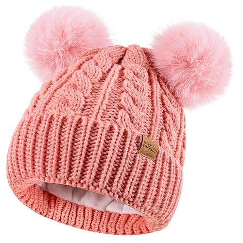 Women's Winter Hat Soft Knit Beanie with Faux Fur Pom Hat with Warm Fleece Lining Skull Cap for Women - color: Pink