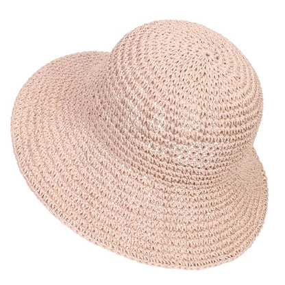 Womens Sun Hat Handmade Crochet Straw Bucket for Summer Foldable Travel Cap - color: Pink