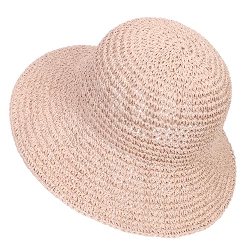 Womens Sun Hat Handmade Crochet Straw Bucket for Summer Foldable Travel Cap - color: Pink