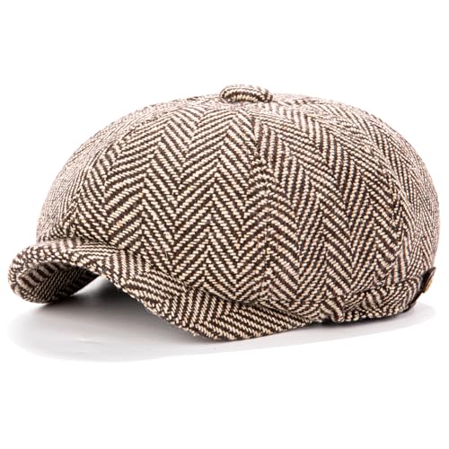 Men's Wool Newsboy Cap 8-Panel Tweed Taxi Hat Herringbone Gatsby Flat Hats - color: Coffee