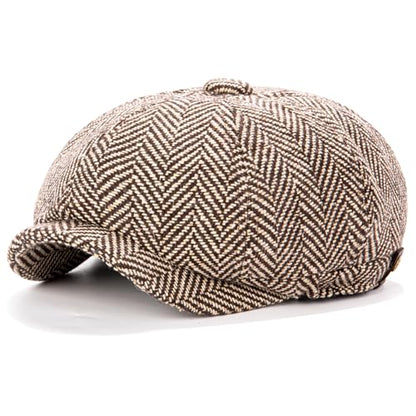 Men's Wool Newsboy Cap 8-Panel Tweed Taxi Hat Herringbone Gatsby Flat Hats - color: Coffee
