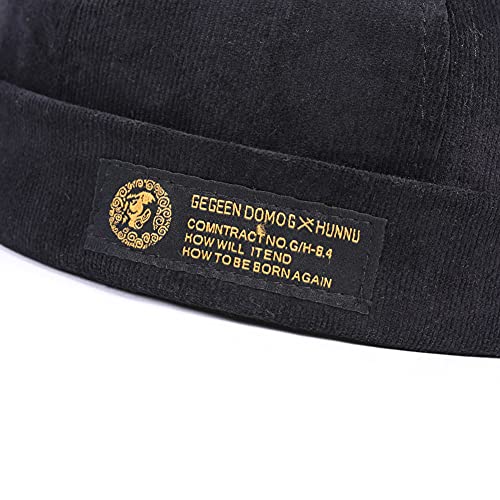 Men Hats Docker Cap Hats Beanie Sailor Cap Worker Hat Rolled Cuff Retro Brimless Hat with Adjustable - color: 7019-black