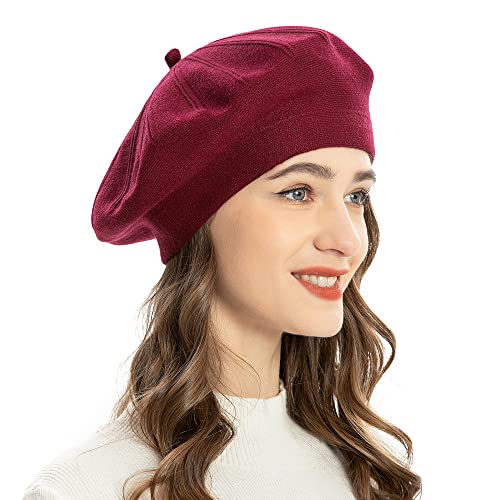 ZLYC Women French Beret Hat Reversible Solid Color Knit Warm Artist Cap - color: Burgundy