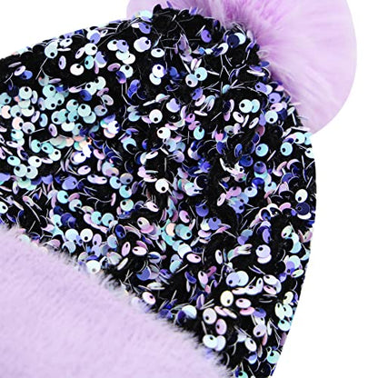 Women Sparkly Sequins Knitted Beanie Hat Warm Winter Skull Cap with Faux Fur Pom Pom - color: Purple