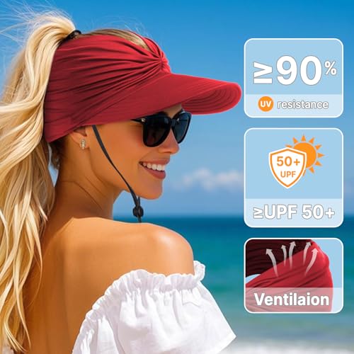Sun Hats for Women, Wide Brim UV Protection Foldable Sun Visor Hats, UPF50+ - color: Wine Red