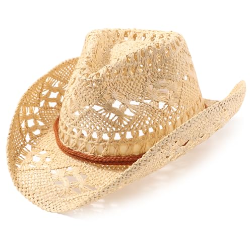 AQOKKA Straw Cowboy Hats for Women Men Western Cowgirl Hats with Shapeable Brim Woven Hollow Out Unisex Beach Roll Up Caps - color: Beige