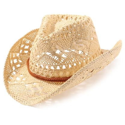 AQOKKA Straw Cowboy Hats for Women Men Western Cowgirl Hats with Shapeable Brim Woven Hollow Out Unisex Beach Roll Up Caps - color: Beige