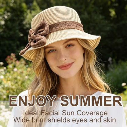 Womens Sun Straw Hat, Summer Beach Sun Hats UPF Straw Hat for Women Beige