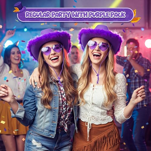 4E's Novelty Cowboy Hat with feathers With Heart Shaped Sunglasses for Women, Felt Cowgirl Hat for Party Costume Dress Up - color: Purple