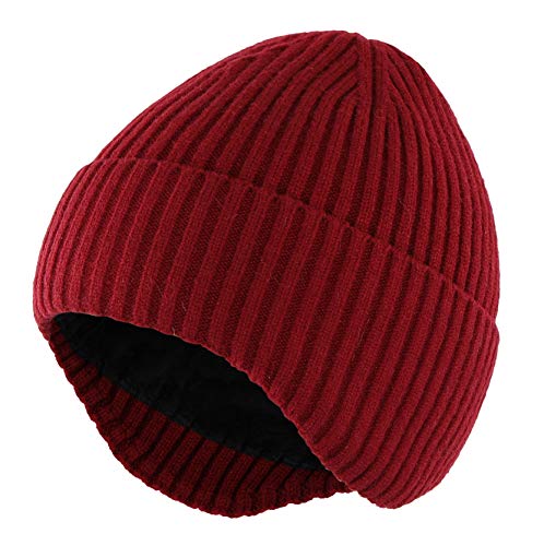 Connectyle Fleece Lined Beanie Hat for Men Women Warm Winter Hats with Earflaps Stretchy Ribbed Knit Skull Cap - color: Wine Red