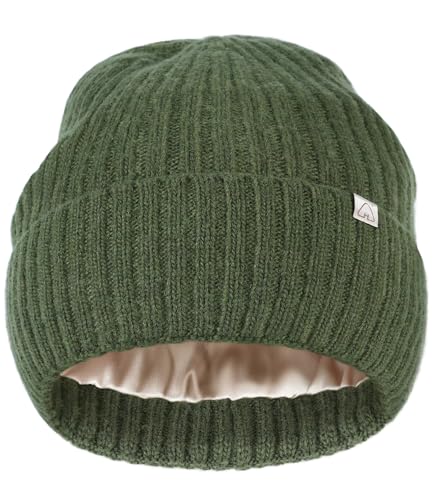 Hat Hut Wool Beanie Satin Lined Winter Hats Slouchy Beanie with Silk Lining Warm Wool Knit Ski Hat Cuffed Cap Women Men - color: Army Green