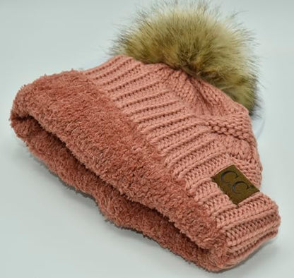 C.C Trendy Fuzzy Fleece Lined Warm Comfortable Soft Stretch Cable Knit Ribbed Faux Fur Pom Pom Beanie Hat - color: Salmon Pink