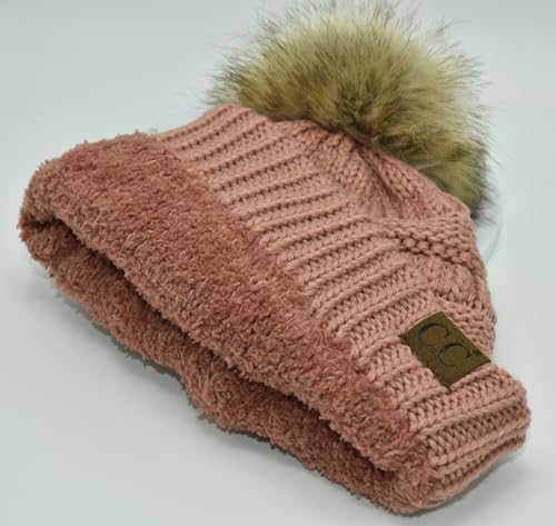 C.C Trendy Fuzzy Fleece Lined Warm Comfortable Soft Stretch Cable Knit Ribbed Faux Fur Pom Pom Beanie Hat - color: Salmon Pink