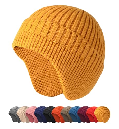 HiRui Knitted Beanie Hats Winter Hats Ear Covers for Men Women Kids Warm Slouchy - color: Yellow