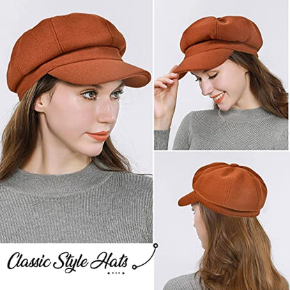 Women’s Newsboy Cap Wool Blend Retro Solid Color Girls Fashion Gatsby Cabbie Visor Beret Hat - color: Caramel