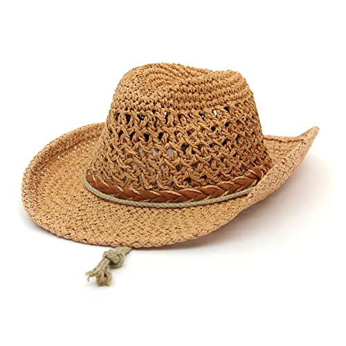 GEMVIE Baby Toddler Kids Sun Straw Western Cowboy Hat Wide Brim with Chin Strap - color: Khaki