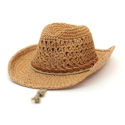 GEMVIE Baby Toddler Kids Sun Straw Western Cowboy Hat Wide Brim with Chin Strap - color: Khaki