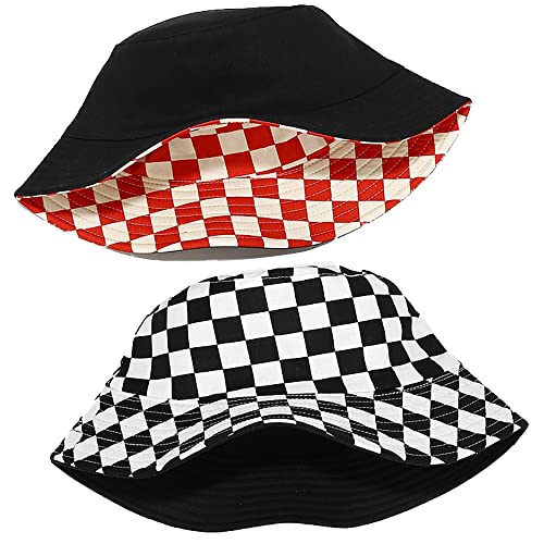 Cotton Checkered Bucket Hat Summer Fashion Fisherman Beach Sun Hats for Women and Men - color: Black