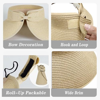 Sun Visor Hats for Women Adjustable Wide Brim Straw Sun Hat Roll-Up Ponytail Straw Hat Packable Summer Beach Hats - color: Brown