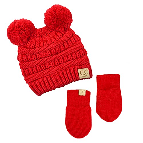 Funky Junque Baby Double Faux Fur Pom Pom Beanie & Mittens Set – Newborn Infant 0–9 Months Winter Hat with Soft Lined Mittens - color: Red (0-9 Months)