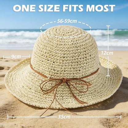 Women's Straw Bucket Sun Hat, Packable Floppy Wide Brim Beach Hat - color: Beige a