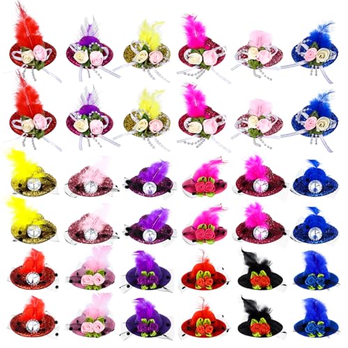 48 Pieces/72 Pieces Mini Hat Hair Clip Mini Top Hat Fascinator Decorative for Girls Women Feather Lace Clip Tea Party Hair Accessories (48)