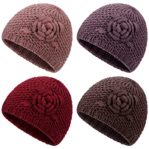 Bencailor 4 Pcs Winter Hats for Women Floral Knitted Beanie Warm Ladies Caps Flannelette Lined Middle Aged and Old Women - color: Elegant Colors