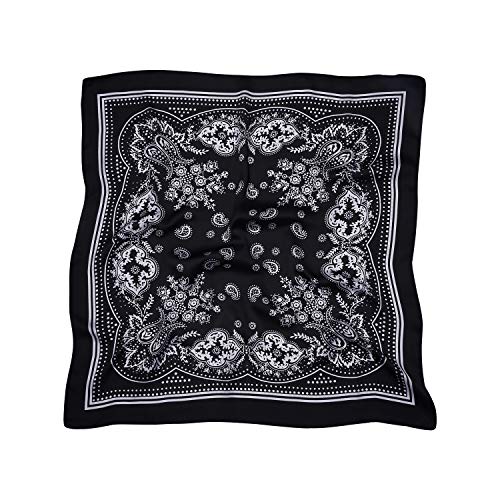 VANLINKER 27.5 Inches Silk Head Scarf for Women Men Vintage Bandanas Satin Hair Scarf Silk Wrap Neck Square Scarves VL9549 - color: C1 Black With White Pattern